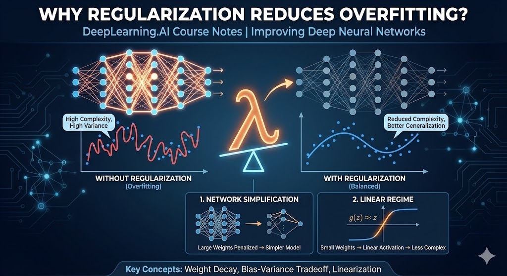 Neural network diagram comparing overfitting without regularization versus balanced generalization with regularization. Left side shows a complex network with many bright connections labeled High Complexity High Variance producing an erratic wavy red line on a graph labeled WITHOUT REGULARIZATION Overfitting. Center shows a large orange lambda symbol on a balance scale. Right side shows a simpler network with fewer connections labeled Reduced Complexity Better Generalization producing a smooth blue curve labeled WITH REGULARIZATION Balanced. Bottom section shows two mechanisms: 1. NETWORK SIMPLIFICATION - complex network arrows pointing to simple network with text Large Weights Penalized leads to Simpler Model, and 2. LINEAR REGIME - graph showing g of z approximately equals z with text Small Weights leads to Linear Activation leads to Less Complex. Footer text reads Key Concepts: Weight Decay, Bias-Variance Tradeoff, Linearization on dark blue technical background with circuit patterns