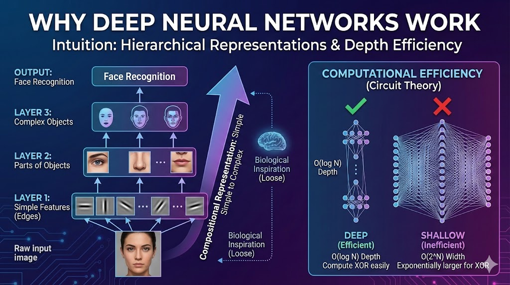 Deep neural network architecture diagram showing hierarchical feature learning for face recognition on the left side, with layers progressing from raw input image through simple features (edges), parts of objects (eyes, nose, mouth), to complex objects (face recognition). The right side illustrates computational efficiency comparing deep networks (O(log N) depth, efficient XOR computation with checkmark) versus shallow networks (O(2^N) width, exponentially larger for XOR with X mark). A brain icon in the center represents biological inspiration with arrows indicating the flow from compositional representation (simple to complex) and biological inspiration (loose). The diagram uses blue and purple gradient backgrounds with network nodes and connections visualized.